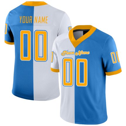 Personalized Powder Blue Gold-White Mesh Split Fashion Football Jersey Team Custom Name and Number