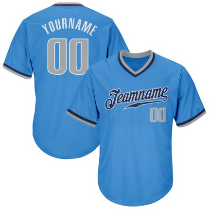 Personalized Powder Blue Gray-Navy Authentic Throwback Rib-Knit Baseball Jersey Shirt Team Custom Name and Number