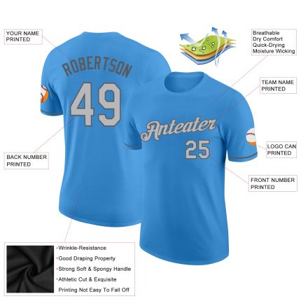 Personalized Powder Blue Gray-Steel Gray Performance T-Shirt Team Custom Name and Number