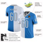 Custom powder blue, gray and white mesh football jersey, detail of the printed panel