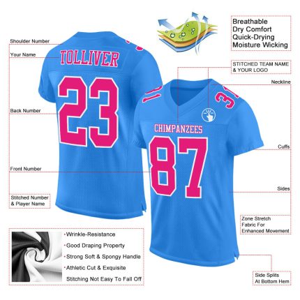 Personalized Powder Blue Hot Pink-White Mesh Authentic Football Jersey Team Custom Name and Number