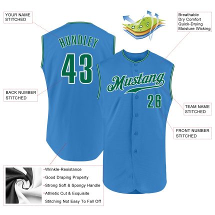 Personalized Powder Blue Kelly Green-White Authentic Sleeveless Baseball Jersey Team Custom Name and Number