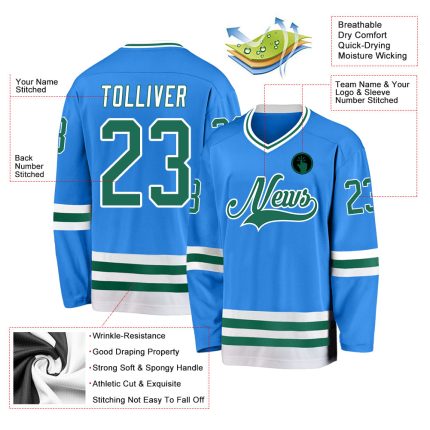Personalized Powder Blue Kelly Green-White Hockey Jersey Team Custom Name and Number