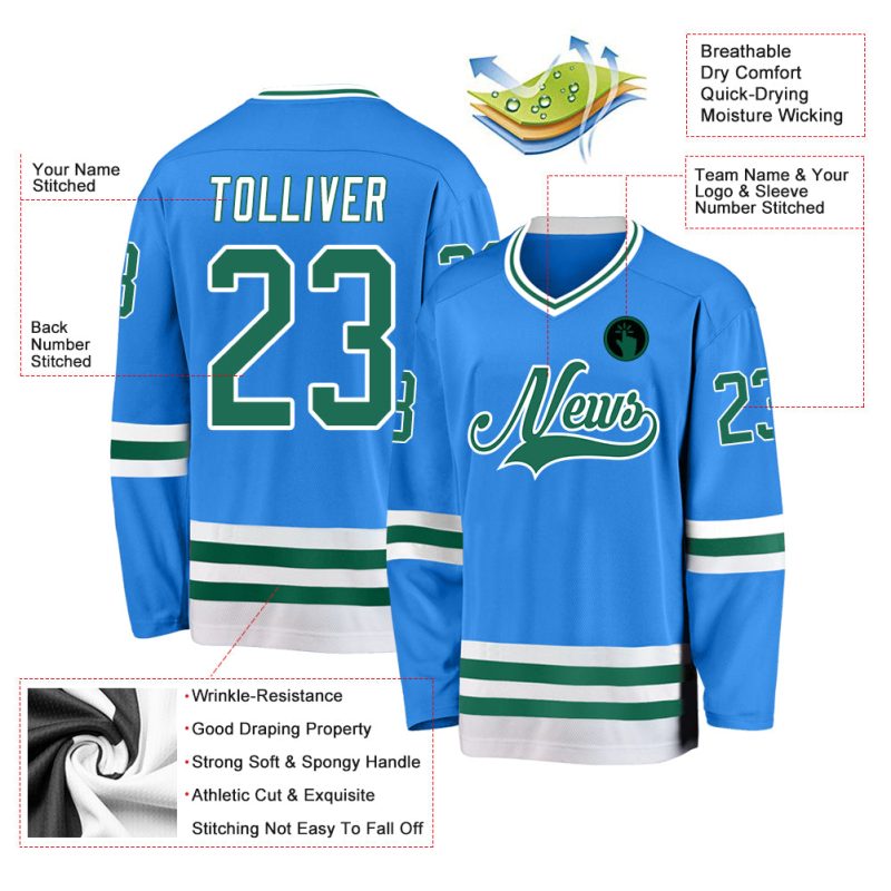 Personalized Powder Blue Kelly Green-White Hockey Jersey Team Custom Name and Number
