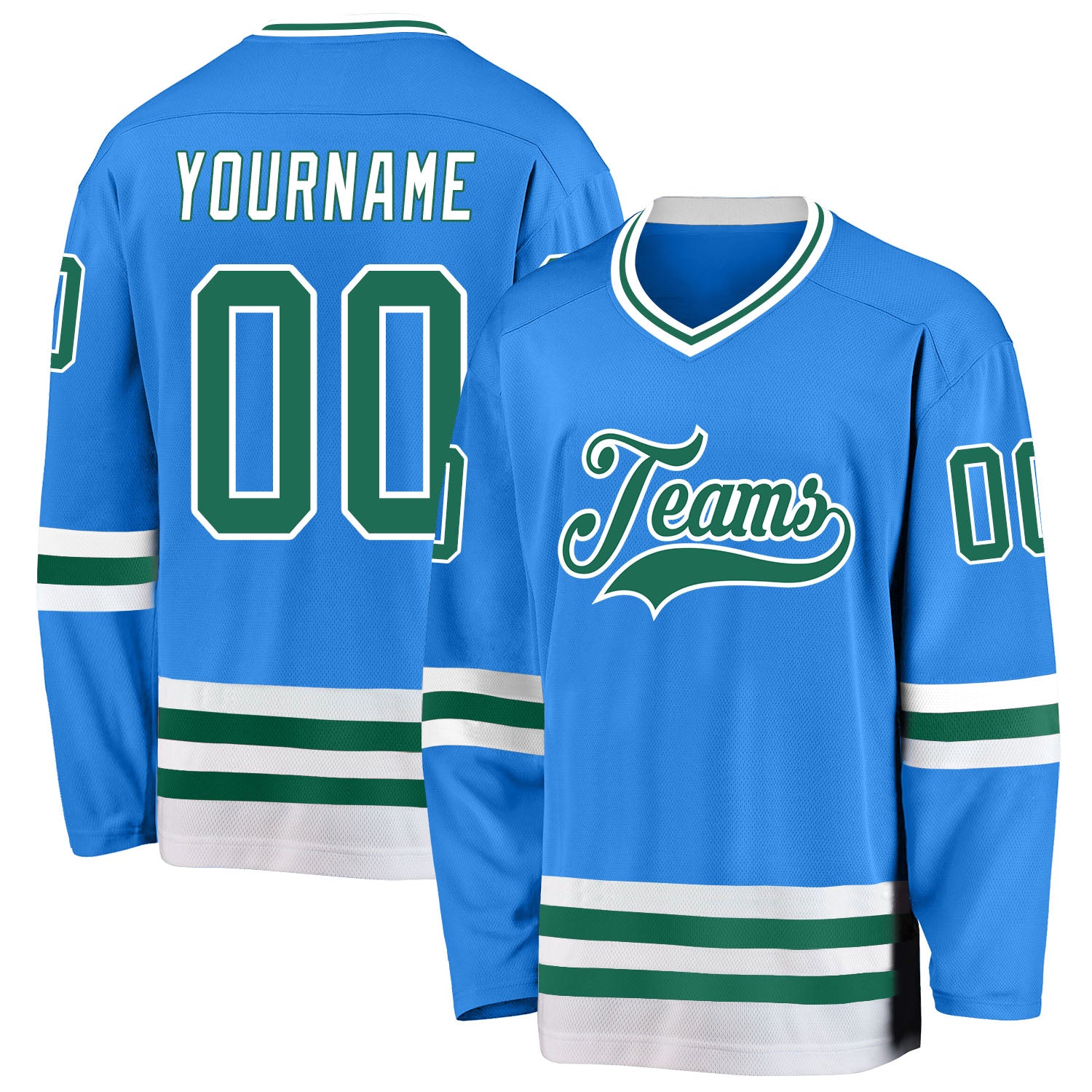 Personalized Powder Blue Kelly Green-White Hockey Jersey Team Custom Name and Number