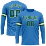 Personalized Powder Blue Kelly Green-White Long Sleeve Performance T-Shirt Team Custom Name and Number