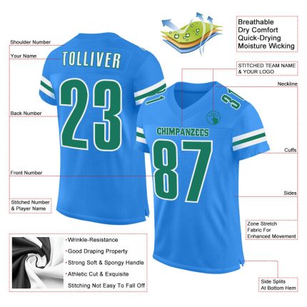 Personalized Powder Blue Kelly Green-White Mesh Authentic Football Jersey Team Custom Name and Number