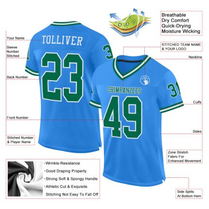 Personalized Powder Blue Kelly Green-White Mesh Authentic Throwback Football Jersey Team Custom Name and Number