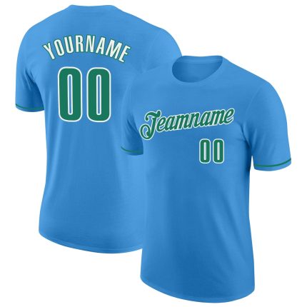 Personalized Powder Blue Kelly Green-White Performance T-Shirt Team Custom Name and Number