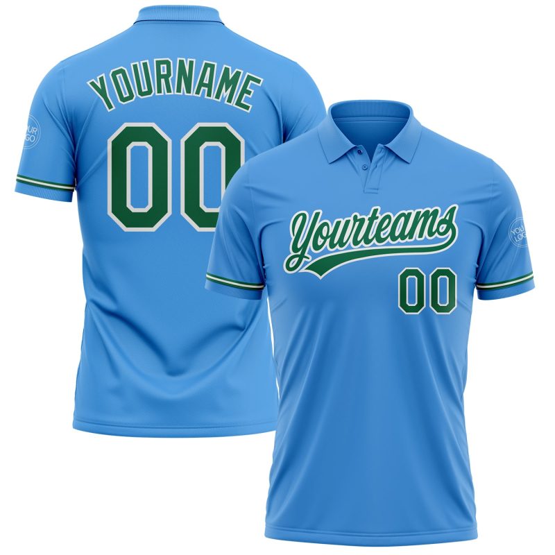 Personalized Powder Blue Kelly Green-White Performance Vapor Golf Polo Shirt Team Custom Name and Number