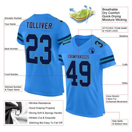 Personalized Powder Blue Navy-Aqua Mesh Authentic Football Jersey Team Custom Name and Number