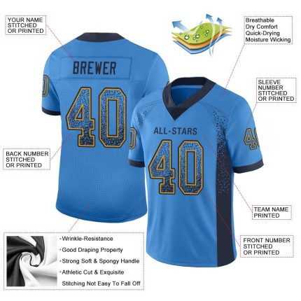 Personalized Powder Blue Navy-Gold Mesh Drift Fashion Football Jersey Team Custom Name and Number