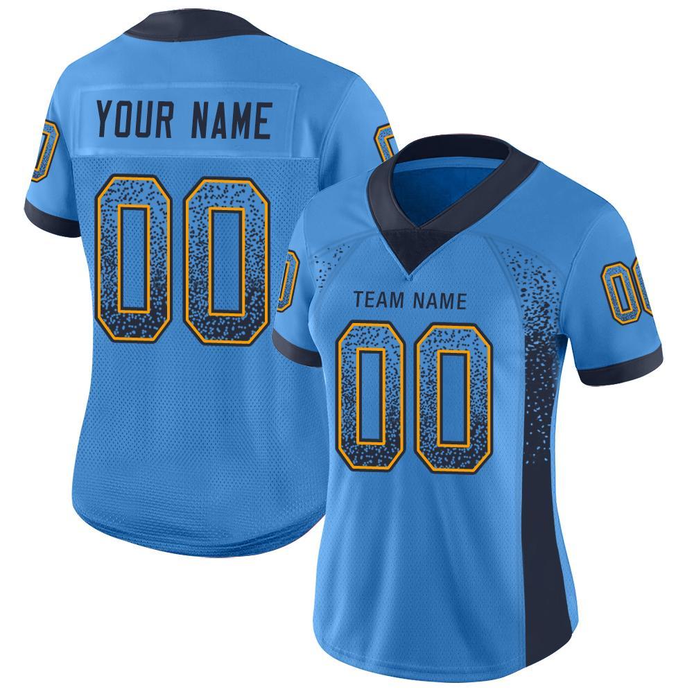Personalized Powder Blue Navy-Gold Mesh Drift Fashion Football Jersey Team Custom Name and Number