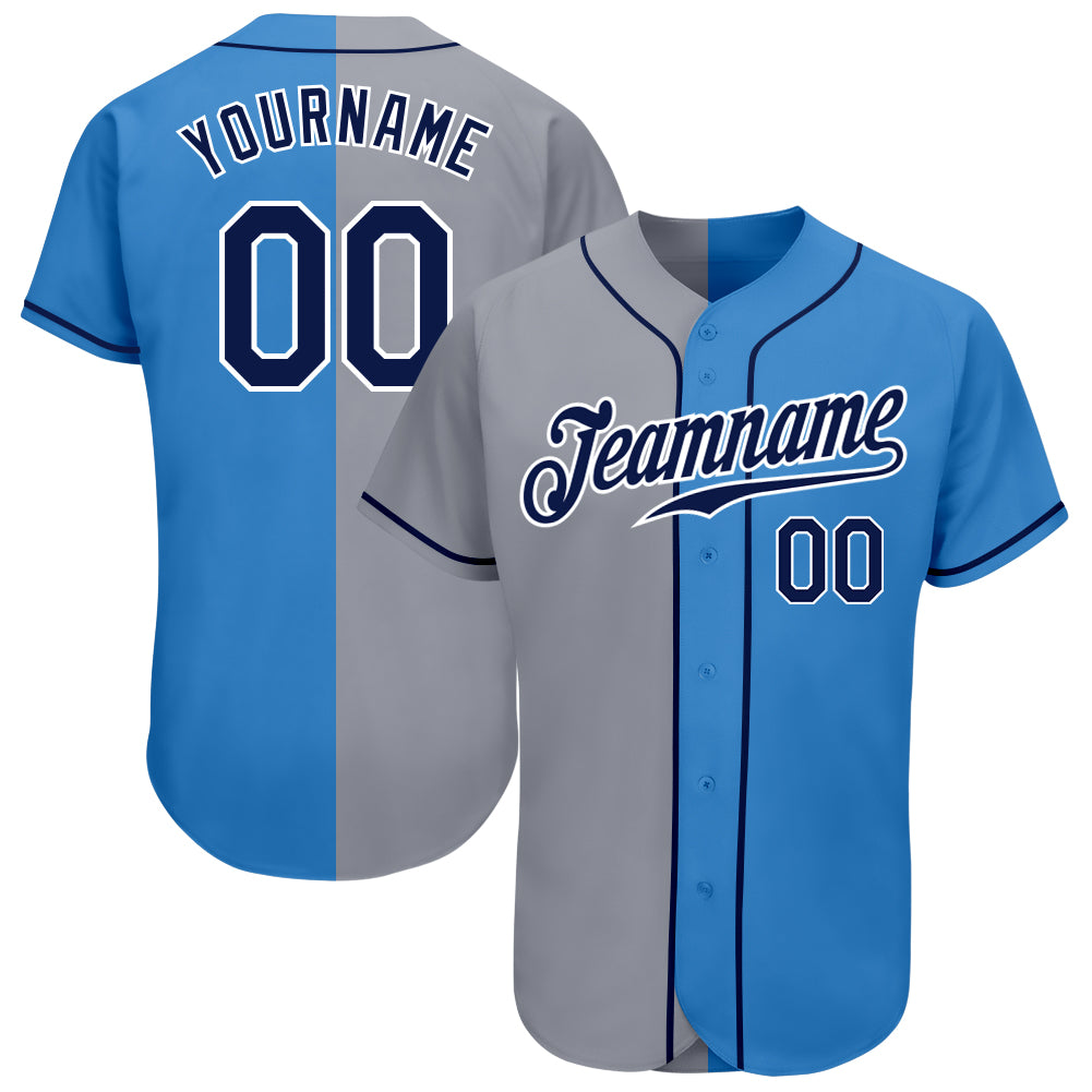Personalized Powder Blue Navy-Gray Authentic Split Fashion Baseball Jersey Team Custom Name and Number
