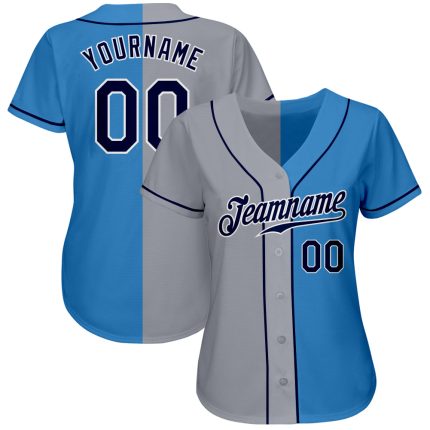 Personalized Powder Blue Navy-Gray Authentic Split Fashion Baseball Jersey Team Custom Name and Number