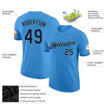 Personalized Powder Blue Navy Gray-Teal Performance T-Shirt Team Custom Name and Number