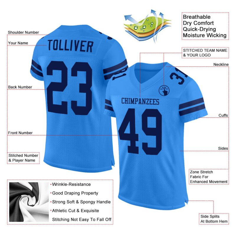 Personalized Powder Blue Navy Mesh Authentic Football Jersey Team Custom Name and Number