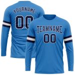 Personalized Powder Blue Navy-White Long Sleeve Performance T-Shirt Team Custom Name and Number