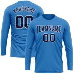 Personalized Powder Blue Navy-White Long Sleeve Performance T-Shirt Team Custom Name and Number