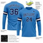 Personalized Powder Blue Navy-White Long Sleeve Performance T-Shirt Team Custom Name and Number