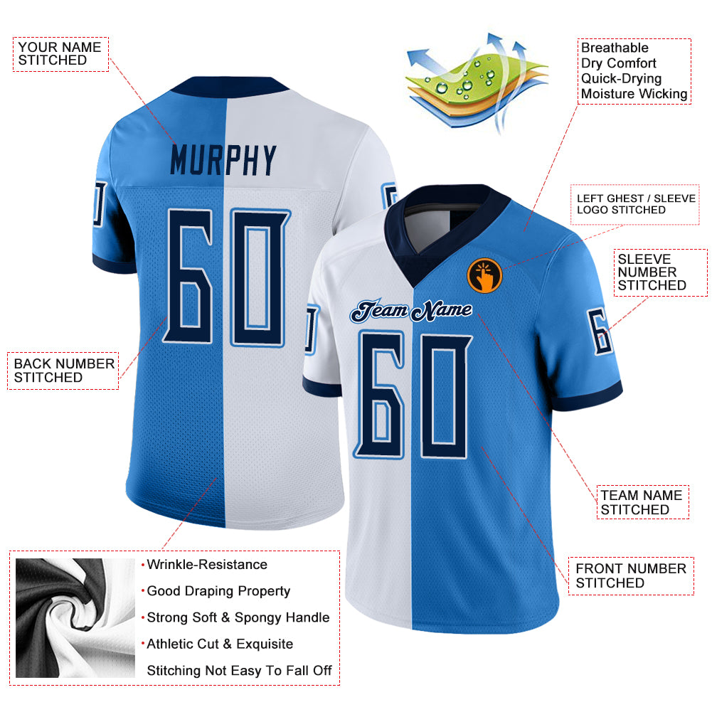 Personalized Powder Blue Navy-White Mesh Split Fashion Football Jersey Team Custom Name and Number Personalized Powder Blue Navy-White Mesh Split Fashion Football Jersey Team Custom Name and Number - Image 3