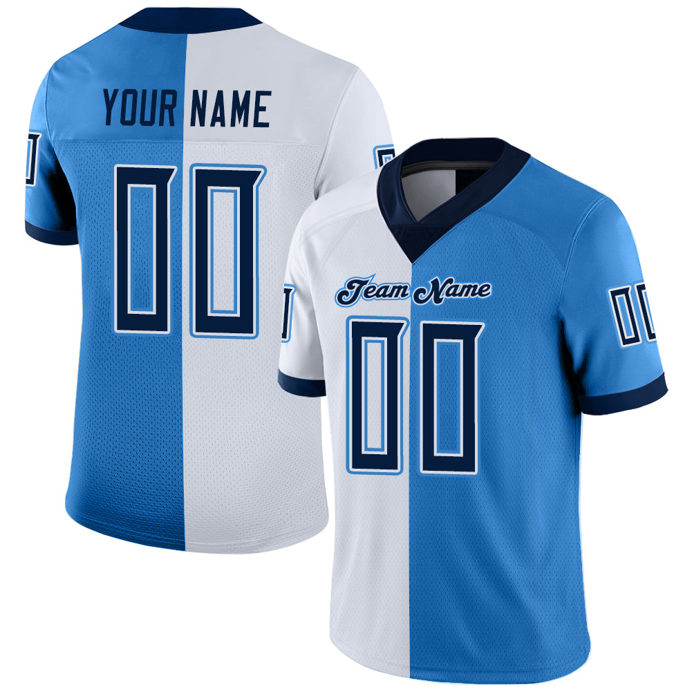 Personalized Powder Blue Navy-White Mesh Split Fashion Football Jersey Team Custom Name and Number