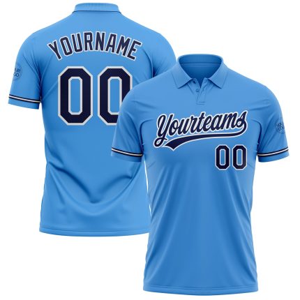 Personalized Powder Blue Navy-White Performance Vapor Golf Polo Shirt Team Custom Name and Number