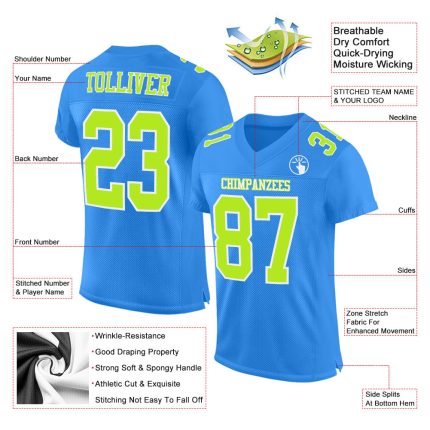 Personalized Powder Blue Neon Green-White Mesh Authentic Football Jersey Team Custom Name and Number