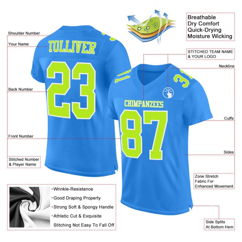 Personalized Powder Blue Neon Green-White Mesh Authentic Football Jersey Team Custom Name and Number