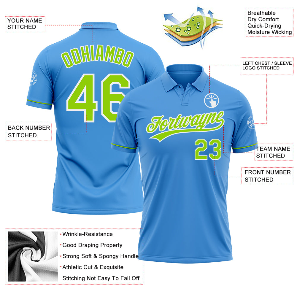 Personalized Powder Blue Neon Green-White Performance Vapor Golf Polo Shirt Team Custom Name and Number Personalized Powder Blue Neon Green-White Performance Vapor Golf Polo Shirt Team Custom Name and Number - Image 3