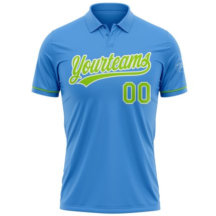Personalized Powder Blue Neon Green-White Performance Vapor Golf Polo Shirt Team Custom Name and Number
