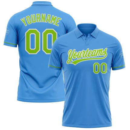 Personalized Powder Blue Neon Green-White Performance Vapor Golf Polo Shirt Team Custom Name and Number