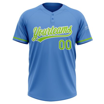 Personalized Powder Blue Neon Green-White Two-Button Unisex Softball Jersey Team Custom Name and Number