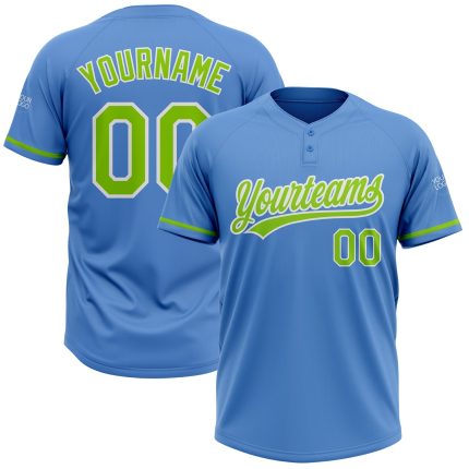 Personalized Powder Blue Neon Green-White Two-Button Unisex Softball Jersey Team Custom Name and Number