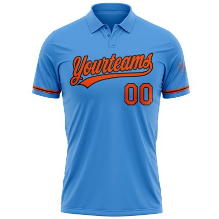Personalized Powder Blue Orange-Black Performance Vapor Golf Polo Shirt Team Custom Name and Number