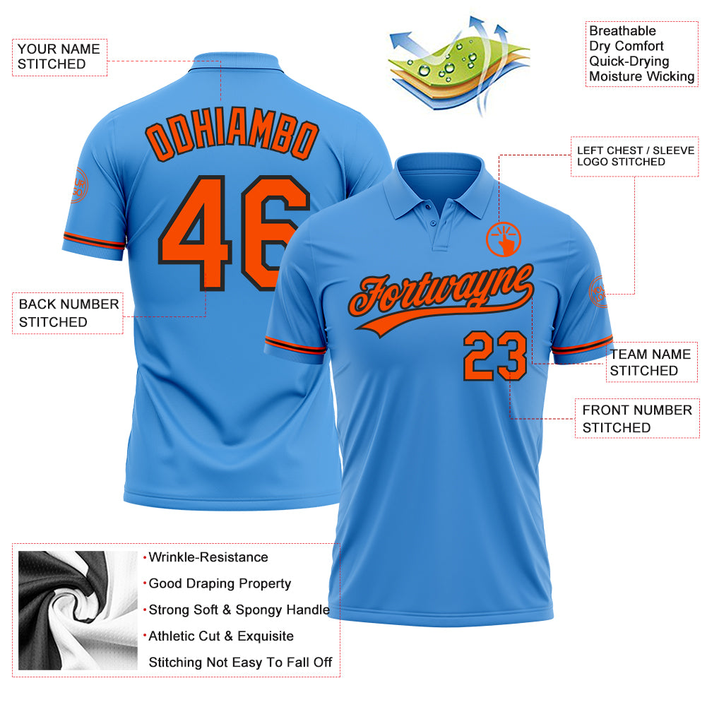 Personalized Powder Blue Orange-Black Performance Vapor Golf Polo Shirt Team Custom Name and Number Personalized Powder Blue Orange-Black Performance Vapor Golf Polo Shirt Team Custom Name and Number - Image 3