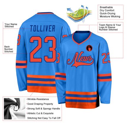 Personalized Powder Blue Orange-Royal Hockey Jersey Team Custom Name and Number