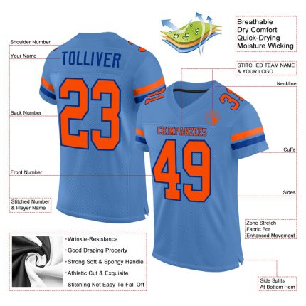 Personalized Powder Blue Orange-Royal Mesh Authentic Football Jersey