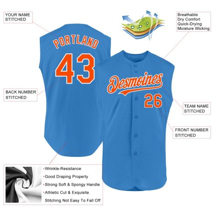 Personalized Powder Blue Orange-White Authentic Sleeveless Baseball Jersey Team Custom Name and Number