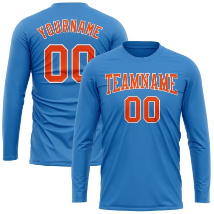 Personalized Powder Blue Orange-White Long Sleeve Performance T-Shirt Team Custom Name and Number