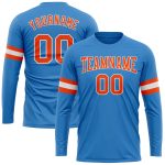 Personalized Powder Blue Orange-White Long Sleeve Performance T-Shirt Team Custom Name and Number