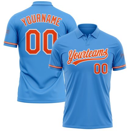 Personalized Powder Blue Orange-White Performance Vapor Golf Polo Shirt Team Custom Name and Number