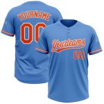 Personalized Powder Blue Orange-White Two-Button Unisex Softball Jersey Team Custom Name and Number