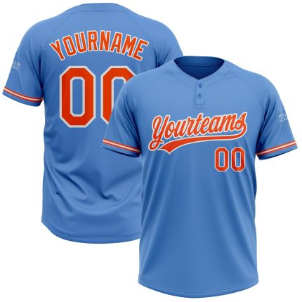 Personalized Powder Blue Orange-White Two-Button Unisex Softball Jersey Team Custom Name and Number