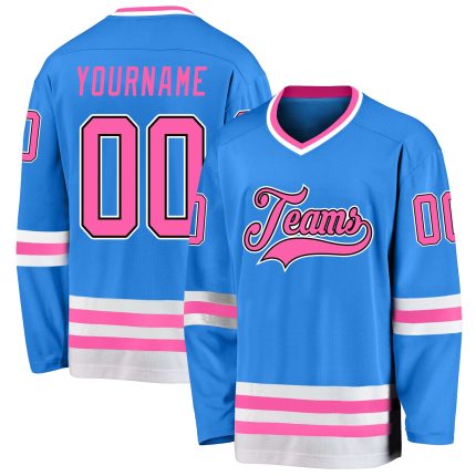 Personalized Powder Blue Pink-Black Hockey Jersey Team Custom Name and Number