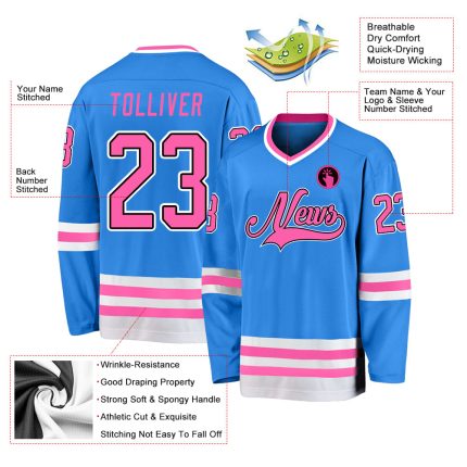 Personalized Powder Blue Pink-Black Hockey Jersey Team Custom Name and Number