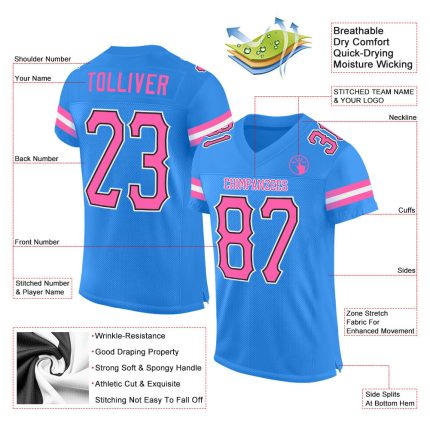 Personalized Powder Blue Pink-Black Mesh Authentic Football Jersey Team Custom Name and Number