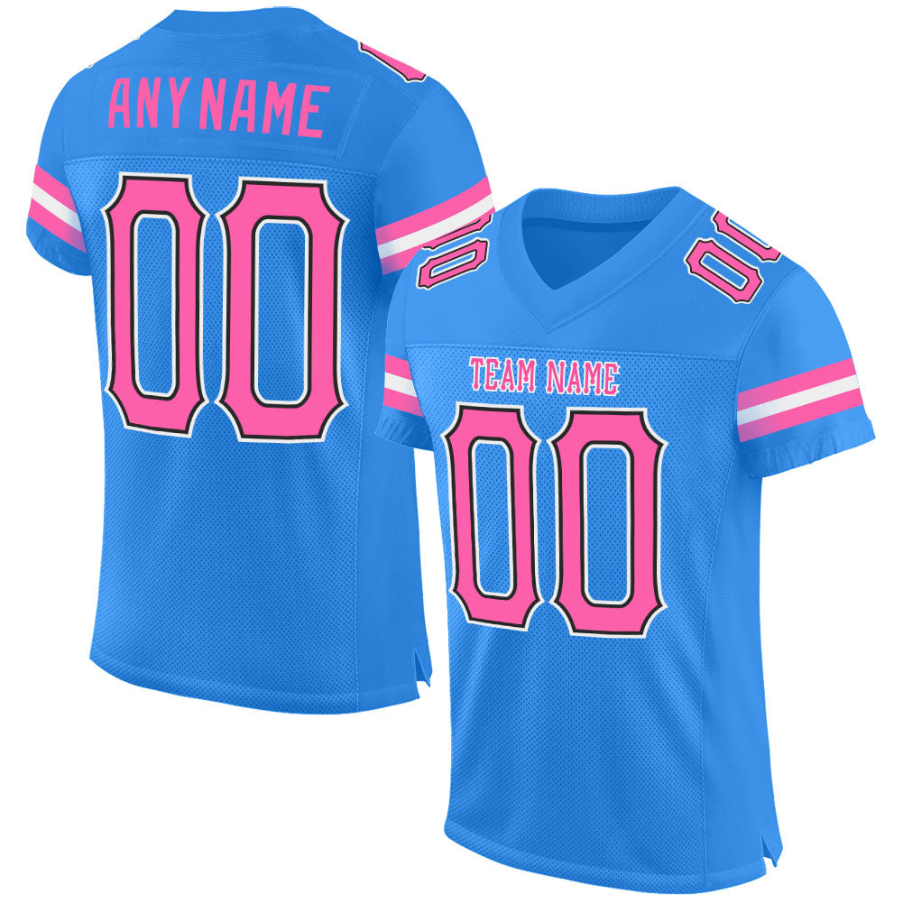 Personalized Powder Blue Pink-Black Mesh Authentic Football Jersey Team Custom Name and Number