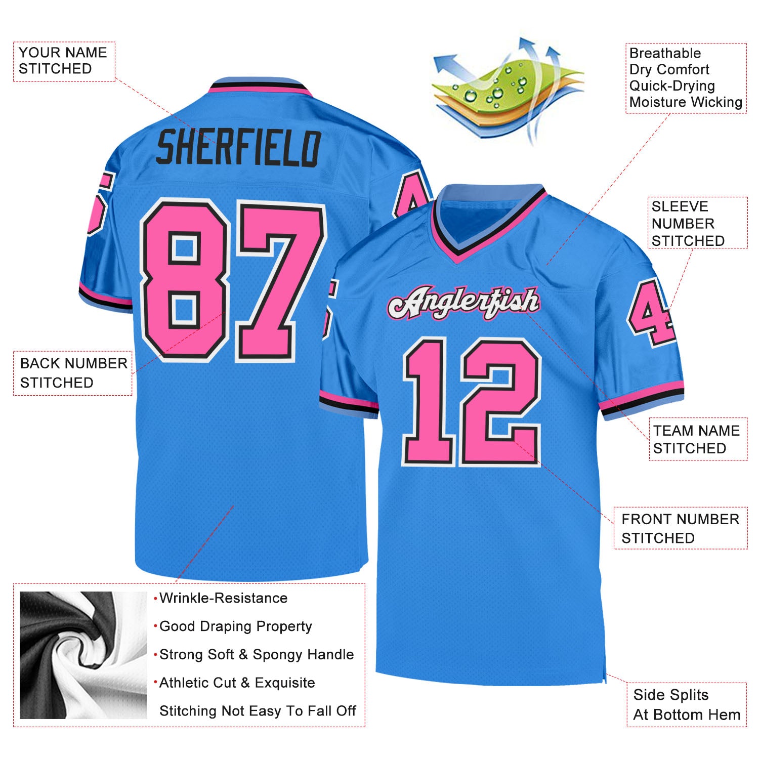 Personalized Powder Blue Pink-Black Mesh Authentic Throwback Football Jersey Team Custom Name and Number Personalized Powder Blue Pink-Black Mesh Authentic Throwback Football Jersey Team Custom Name and Number - Image 4