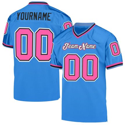 Personalized Powder Blue Pink-Black Mesh Authentic Throwback Football Jersey Team Custom Name and Number
